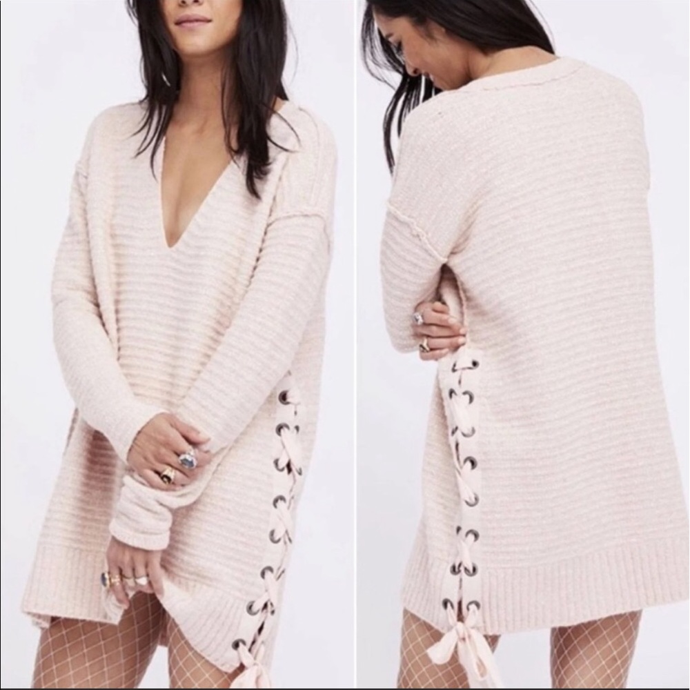 Free People Large Ballet Pink Heart It Laces Sweater/Sweater Dress orig $148
